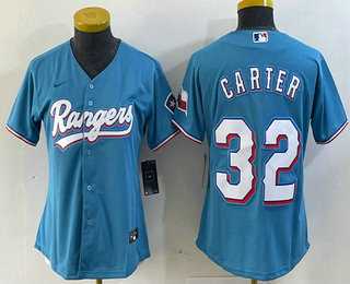 Women%27s Texas Rangers #32 Evan Carter Light Blue Team Logo Cool Base Jersey